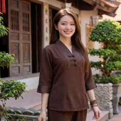 Đồ lam đi chùa cao cấp vải đũi Y phối gấm màu nâu đen MS036