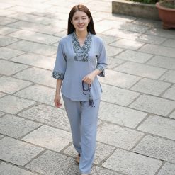 Đồ lam đi chùa cao cấp vải đũi Y phối gấm màu lam MS036