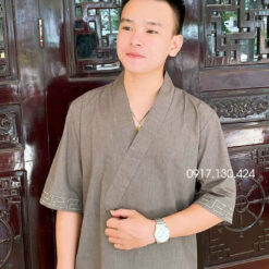 Đồ lam đi chùa nam vải tixi thêu chữ vạn màu muối tiêu