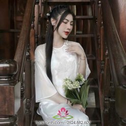 Áo lam đồ lam đi chùa nữ vải tơ voan trắng thêu sen