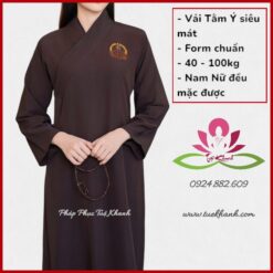 Áo tràng vải tằm ý thêu hoa sen A Di Đà Phật màu nâu