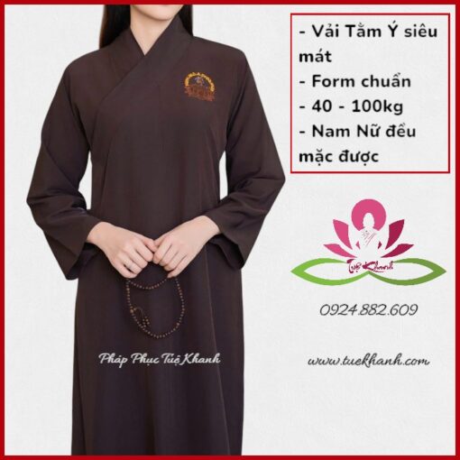 Áo tràng vải tằm ý thêu hoa sen A Di Đà Phật màu nâu